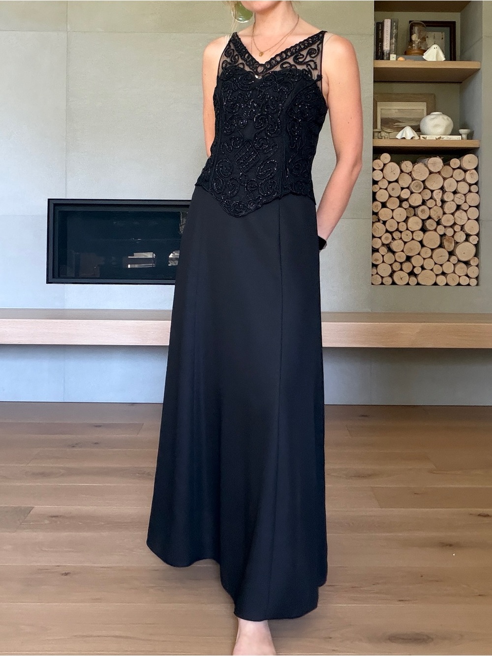Vintage Whimsigoth basque waist Black Lace Trim Maxi dress